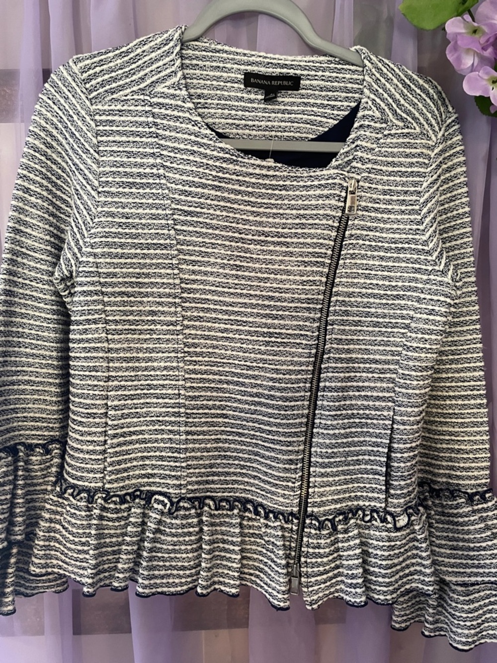 Banana Republic Navy & White Textured Peplum Zip Jacket